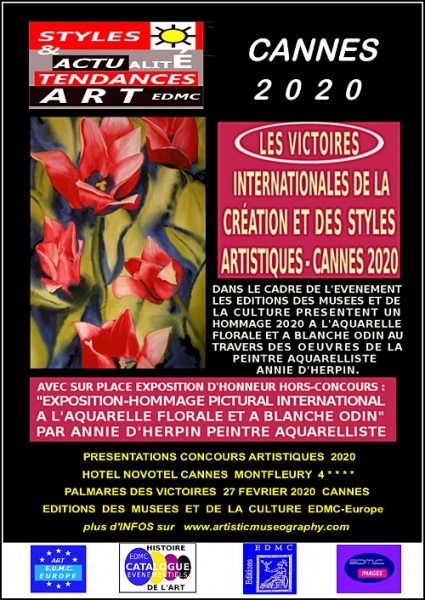 ■ HOMMAGE PICTURAL INTERNATIONAL A L'AQUARELLE FLORALE ET A BLANCHE ODIN 2020 CANNES Exposition-Hommage 