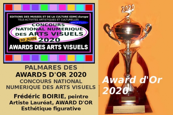 Artiste Lauréat du Palmarès, le peintre Frédéric Boirie a obtenu un Award d'Or des Arts Visuels 2020, lors du Concours National Numérique des Arts Visuels.