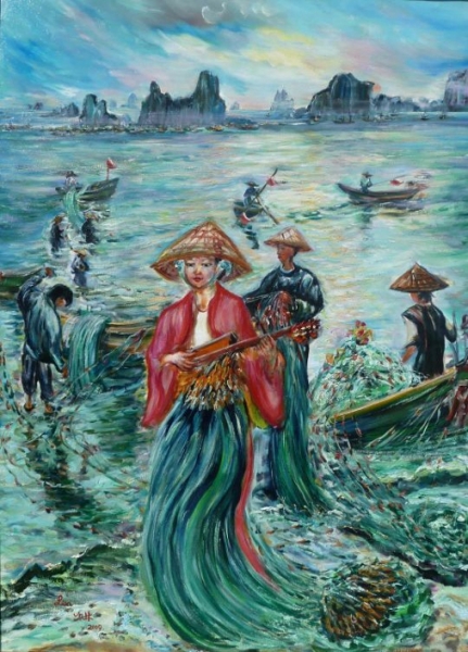  “Pêche en Baie d'Along”, huile sur toile, (100x73cm), 2009, oeuvre de Lin QIU BERTALAN, peintre, lauréate du Palmarès.