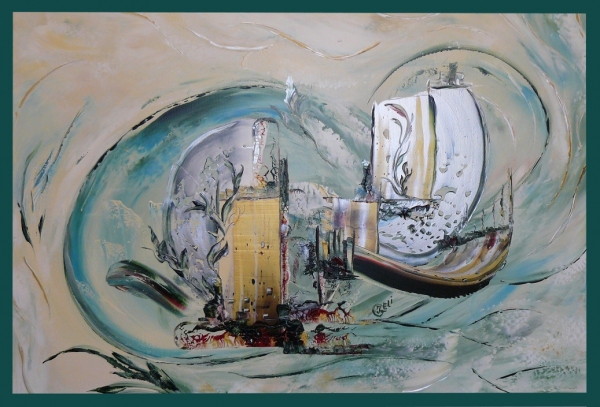 “Le sentiment d'accueil” acrylic au couteau sur toile (116x81cm), oeuvre d'Isabelle GELI, peintre surréaliste abstraite, 