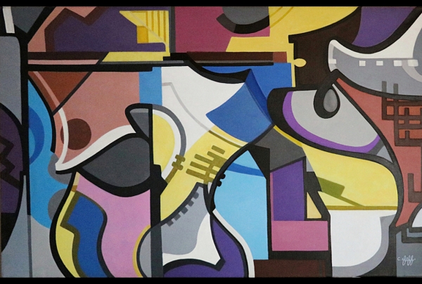 “Dans le Piano” -Tableau Graffiti - Techniques mixtes (huile acrylique) toile sur chassis 65x100cm, oeuvre de Catherine FEFF