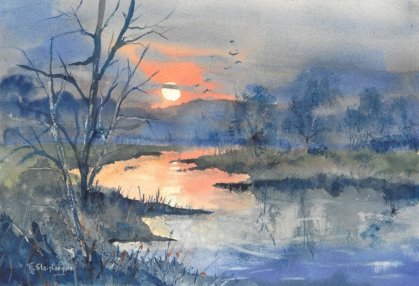 “Reflets du Soir”, aquarelle, 36,26cm, oeuvre de Frédéric STEINLAENDER, peintre aquarelliste 