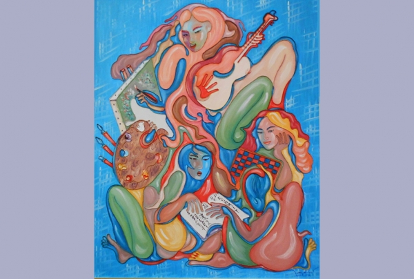 “Les Arts” huile et acrylique sur toile (93x77cm) oeuvre d' Émile VAN LONG, peintre