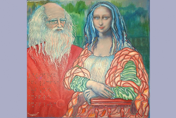  “Vinci et sa Joconde” huile et acrylique sur toile (100x100cm) oeuvre d'Émile VAN LONG, peintre