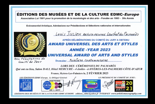 l'artiste-peintre LOUIS JULIEN a obtenu l'Award Universel des Arts et Styles 2023, avec félicitations du Jury