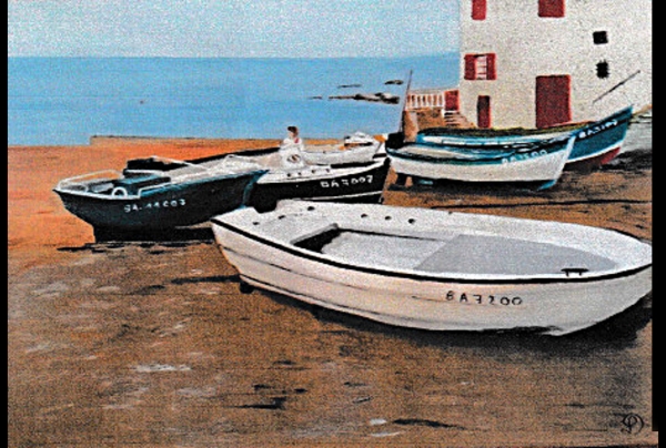 “Port de Guethary” (50x40cm)  Huile sur toile. Parmi les plus petits ports de la Côte Basque. Œuvre de l'artiste-peintre Denise LATOUR, celle-ci sait restituer l'atmosphère et la vie dans des œuvres tout comme le caractère intemporel des lieux. 