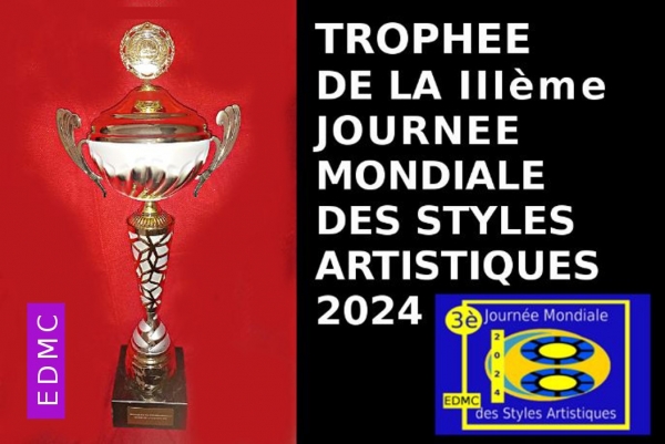 Trophée de la  IIIe Journée Mondiale des Styles Artistiques 2024 attribué à Jeanne SIMON, Lauréate, pour son style traitant en allégorie une scénographie de sujets tournant le dos au présent, au passé, regards tournés vers le futur.