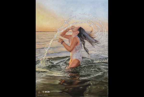 ''Joie Estivale'' (60x45 cm) Pastel sec sur pastel card. Œuvre de l'artiste pastelliste Michèle DURETÊTE-BRODEL, Lauréate du Palmarès 2024. Cette ambiance balnéaire affirme le savoir expérimenté de l'artiste pour exprimer vie et mouvement.  