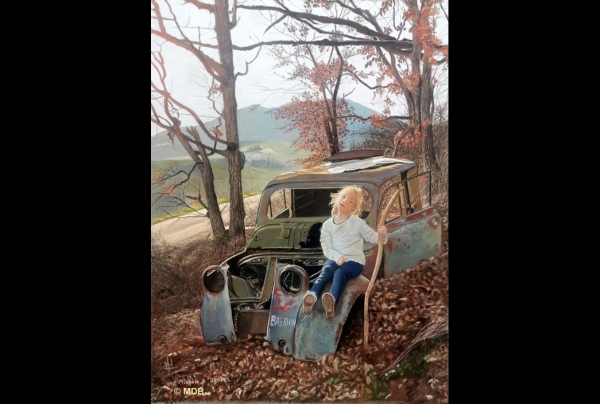 ''It's My New Car'', (60x45cm) Pastel sec sur pastel card. Œuvre de la pastelliste Michèle DURETÊTE-BRODEL, Médaille de Talent des Arts d'Aujourd'hui Artiste d'Excellence. Une vision emplie de romantisme et d'authenticité.