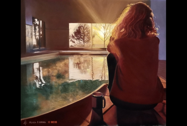''Rêverie Matinale'', (72x80cm) Pastel sec sur pastel card.Oeuvre de  Michèle DURETÊTE-BRODEL Tableau exceptionnel, il subjugue par le jeu en réfractions, sa composition spatiale. La lauréate détient les secrets de la perception visuelle et du sensible. 