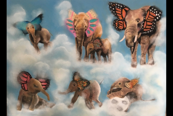 “La Famille Papiphant” (50x70cm) pastel sec sur pastel mat, de Françoise PATRIGEON, peintre pastelliste. Fantaisie et imaginaire se côtoient ici avec grand talent chez la Lauréate du Palmarès qui nous entraîne entre figuratif et surréalisme. 