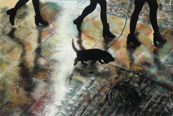 “Temps de Chien ! ” (50x70cm) pastel sec sur pastel card, de Françoise PATRIGEON, peintre pastelliste, lauréate du Palmarès 2024. Un œuvre très originale par l'idée de ce sujet inattendu que l'artiste traite avec talent et humour