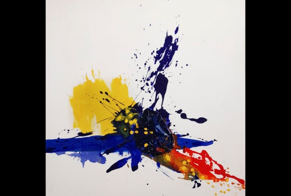 'Explosion'', Acrylique sur toile (100x100 cm) 2022, œuvre de Jacqueline POITEVIN, artiste-peintre abstraite. Gestualité libérée, puissance expressive sur la toile. L'artiste crée déconditionnée de l'environnement pour atteindre la pureté de l'abstraction