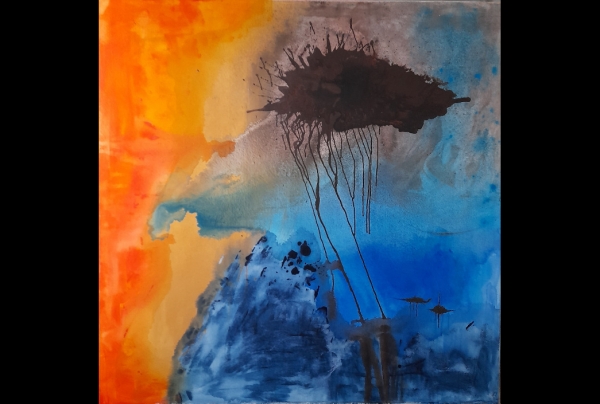 ''Comètes'' Acrylique sur toile (160x160cm) 2022,de Jacqueline POITEVIN, artiste-peintre abstraite. Contrastes de couleurs, contre-plans, rougeoiement dynamique, l'artiste montre la puissance de son abstraction pour évoquer comètes et abysses de l'univers