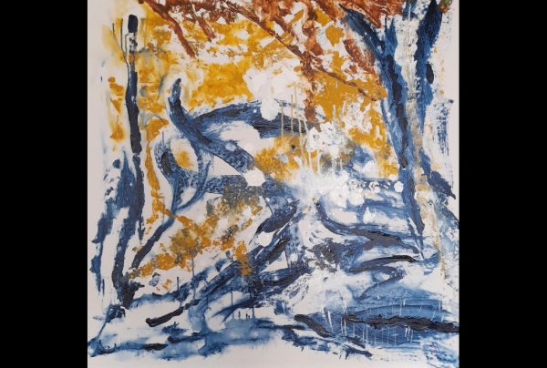 ''Sur un Air de Jazz'' Acrylique sur toile (90x90cm) 2023 de Jacqueline POITEVIN. L'artiste-peintre parvient par son talent et style à évoquer en abstraction l'évanescence des sons. Compose picturalement lignes et couleurs en symbiose du Jazz.  