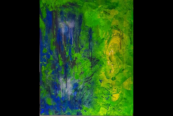 ''De pronto, bruma en el jardin'' Acrylique sur toile (81x100cm) 2024, Jacqueline POITEVIN, artiste-peintre abstraite. Contraste de couleurs, instants de nature évoqués en paysagisme abstrait, traduisent l'étendue signifiante et la force de son style.
