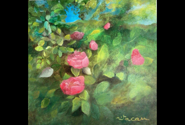 ''Premières Roses'' huile sur toile, (50x50cm) Rita CAU avec ses superbes roses vivantes en milieu naturel, crée une peinture icône de la pure beauté de ces fleurs. L'artiste arrête le temps sur le tableau pour fixer le charme universel des roses.