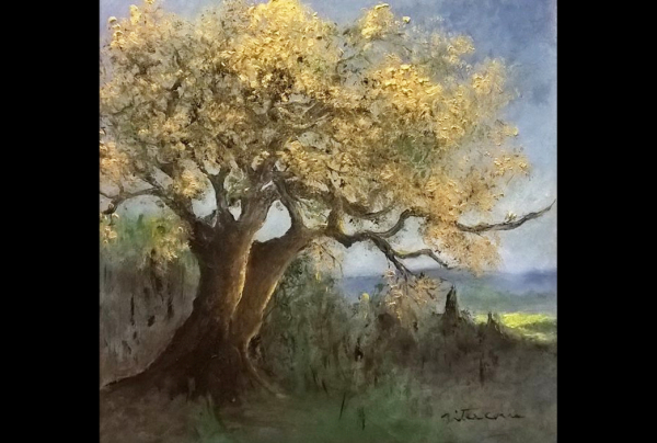''Le Vieux Chêne de Carmignan'', huile sur toile, (50x50cm) Rita CAU peint le paysage avec amour et respect. Cette toile rend honneur à la Nature. Ses pinceaux préservent l'image et la vie du Vieux Chêne, dans son tableau elle le rend éternel.  