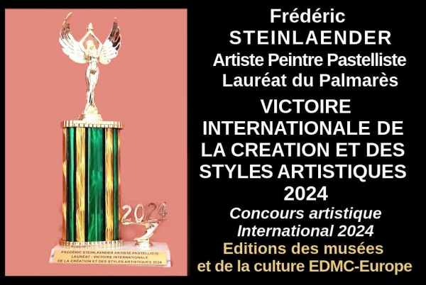 Les Victoires Internationales de la Création et des Styles Artistiques 2024, remarquent les talents à la fois expérimentés et novateurs sur l'international. Pour ses pastels Frédéric STEINLAENDER a obtenu la prestigieuse distinction artistique