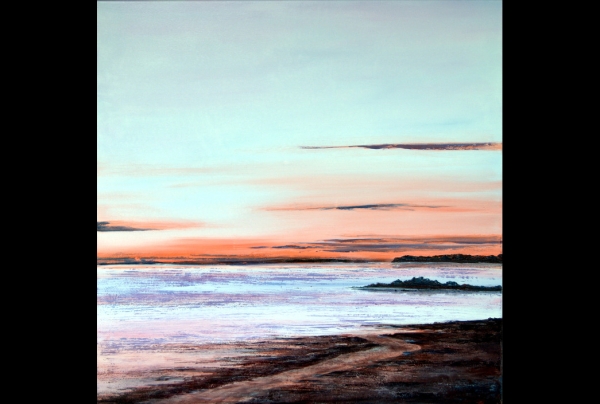 ''L'Aube'', huile sur toile de lin, 80x80cm, œuvre de Christian BIARD.  Son paysage littoral  exprime une sensation de paix et de calme, son Aube marine porte beauté, rêve et spiritualité, une émotion sereine face à l'horizon.