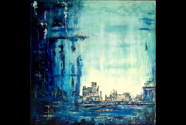 ''La ville d'Ys Engloutie'', huile sur toile de lin, 80 x 80 cm, Christian BIARD nous entraîne dans l'imaginaire de la célèbre ville de légende. Il réussit à nous restituer d'étranges architectures du passé traduisant la légende en un mirage   
