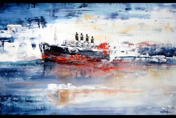 ''Naufrage du Titanic'', huile sur toile de lin, 60 x 92 cm, Christian BIARD apporte une nouvelle vision picturale inédite et réaliste de la tragédie navale du Titanic, sous nos yeux la fin d'un géant des mers s'enfonçant dans l'immensité des flots  