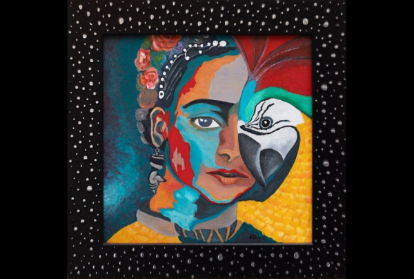 ''Exotisme'' (50x50cm) Acrylique sur bois encadré, de CLAUD, artiste peintre. Fusion des couleurs et des formes porte le mystère d'un langage inédit des harmonies qu'elle a créé. Elle peint en osmose des différences pour en sublimer le Beau. 