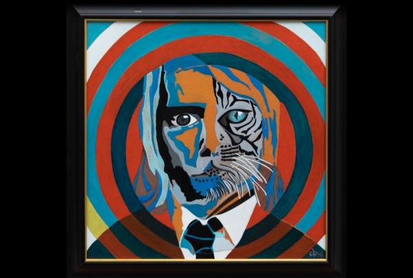  ''Excentrique'' (50x50cm) oeuvre Acrylique sur bois encadré, de CLAUD. Lauréate du Palmarès. Portrait miroir, révélateur de l'âme, pontage entre homme et être animal. Elle compose un regard étrange au cœur d'une œuvre hypnotique. 