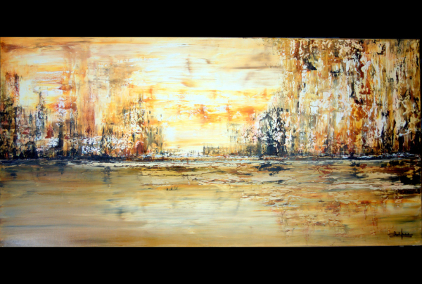 'Le Monde Nouveau II''  huile sur toile, (120x60cm) Christian BIARD exprime une peinture étonnante du paysage. Partant d'une vision première, il peint une magie de lumière atteignant le sublime. Il réussit la fusion de ressentis d'un ici et d'un au-delà. 