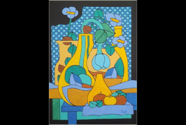 ''Vases au Fond à Damiers''  100 x 73 cms.Toile. Acrylique, de Michel Marant. L'artiste décompose l'idée et la forme puis les redéploie sur la toile en une nouvelle esthétique narrative aux limites de l'abstraction 