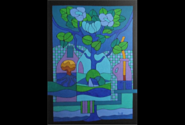 ''Prémices dans les Vases'', 100x73 cms. Toile. Acrylique. Michel MARANT dans un style d'harmonies de formes et couleurs, peint le paradoxe de vases avec une nature vivante, en divers stades de croissance, de volumes et de temps  