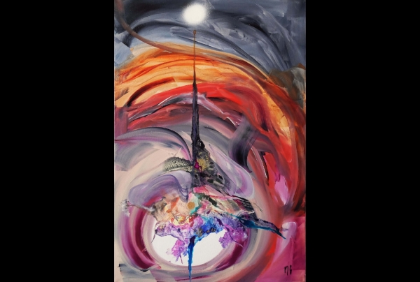 ''Éleusis'', 90x60cm, toile de Lin. Acrylique et Encre de Chine avec pinceaux et couteau de Michèle GUILLOT. Interprétation abstraite de la célèbre Cité grecque, lieu de référence des mystères dans mythologie grecque antique