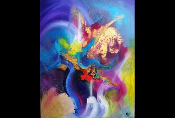 ''Offrande'' 73x60cm Toile de Lin. Acrylique et huile avec pinceau couteau, main de Michèle GUILLOT. Ce tableau illustre la portée abstraite et spirituelle de son Œuvre, en échos on repense aux écrits de Kandinsky sur le Spirituel dans l'Art  