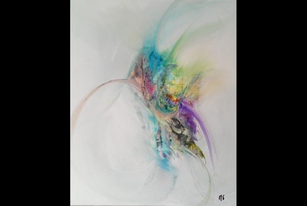  ''Haïku au Vent'', 73x60cm Toile de Lin Acrylique et Encre de Chine avec pinceau et couteau Michèle GUILLOT, innove un Haïku, en poème peint abstrait. Souffle et abstraction, signes et gestualité, créent la symbiose d'un artefact poétique peint universel
