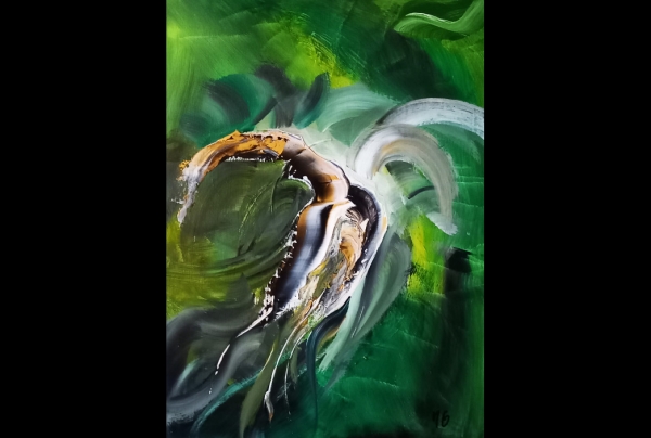 ''Un Ange Passe'' 64x54cm Acrylique avec pinceaux et couteau. Formes et couleurs dans une harmonie esthétique, le titre de l'artiste nous guide sur l'entendement de sa toile, nous met face à la signification de l'œuvre à ressentir