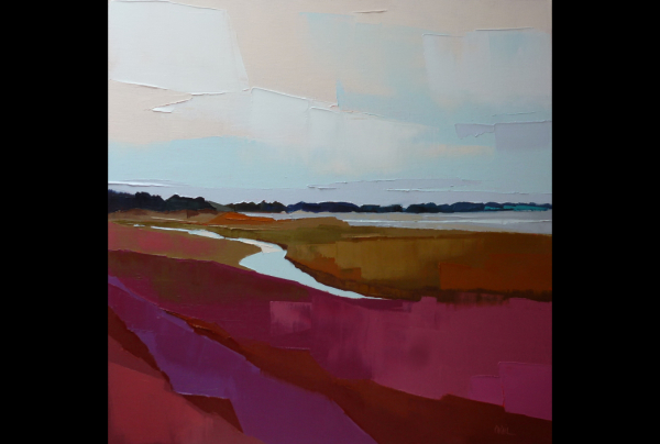''Hiver aux Salines'' 80x80cm, Huile au couteau sur toile. Françoise PAPAIL révèle une forme de beauté novatrice qu'elle sait distinguer dans les paysages. Son style aime faire s’échapper le regard au-delà des premiers plans