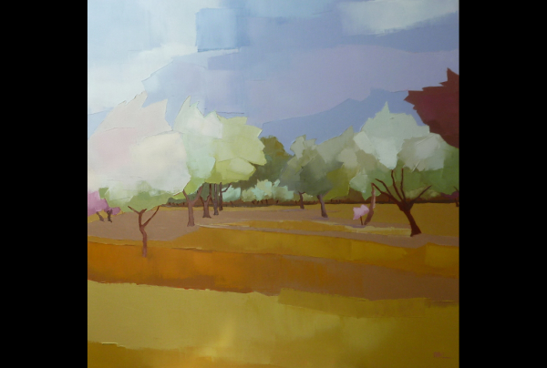 ''Le Chant des Cigales …'', 100x100cm, Huile au couteau sur toile, Françoise PAPAIL sait traduire la beauté lyrique et sensible des paysages, ses titrages nous guident à chaque toile vers une rencontre unique avec la Nature