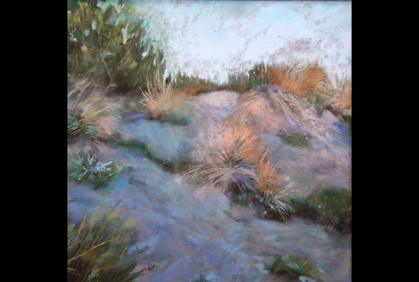 'Herbes de Plage'' Pastel sur Pastelmat 30x30cm. Frédéric STEINLAENDER crée des paysages qui sont de véritables sensations quasi-charnelles exprimées aux pastels, faites d'ombres douces et de lumière, d'ambiances colorées qu'il révèle dans l'Art.   