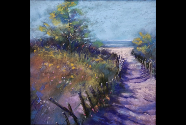 Frédéric STEINLAENDER ,''Accès à la Plage'' 30x30cm Pastel sur Pastelmat innove une lumière transcendante, il peint l'ombre en une couleur vibrante d'une douceur majestueuse dont il détient la clé. Lauréat du Palmarès 2025