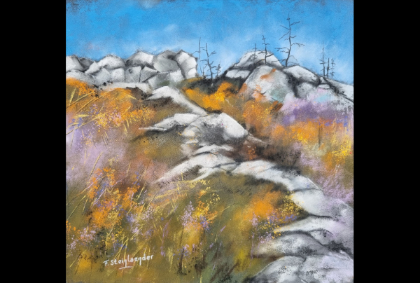 'Les Alpilles'' 30x30cm Pastel sur Pastelmat témoigne un amour fusionnel avec la Nature chez STEINLAENDER. Maître accompli du paysage, il exprime ici une lumière bondissante de roche en roche, donnant une vie austère et poétique à ce décor alpin.  