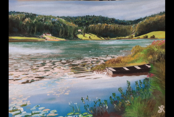 ''Lac''. Pastel 30x40cm. Jean-Pierre VIGOUROUX maîtrise la composition esthétique pour  exprimer une ambiance au plus près du réel. Ses pastels savent extraire toute la poétique cachée du paysage. Lauréat du Palmarès 2025  