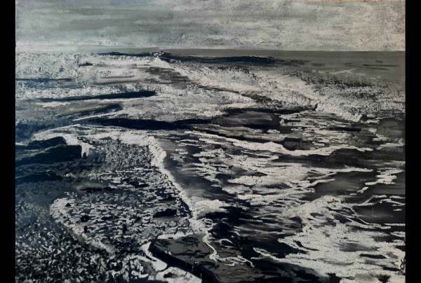''Mer''. Pastel 30x40cm. Jean-Pierre VIGOUROUX traite ici la Mer avec un talent exceptionnel en tonalités bi-chromes, tons gris ou blancs ''lumières'', écumes et clartés, en nuances et contrastes délicats qui révèlent un charme romantique.