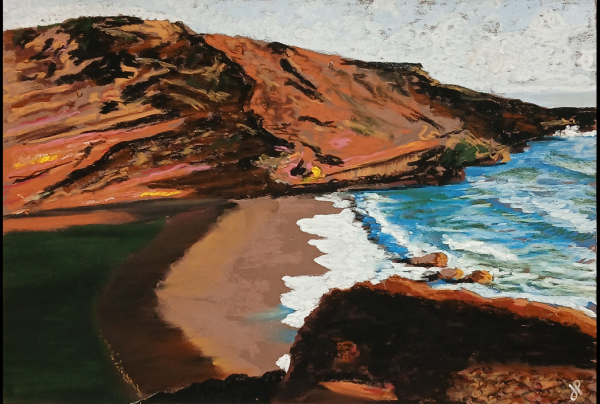 Avec ''Mer et Désert''. Pastel 30x40cm, l'artiste Jean-Pierre VIGOUROUX a créé une œuvre puissante très originale, elle séduit par l'exacerbation d'un ressenti de solitude, la pureté d'un paysage naturel emblématique et iconique. 