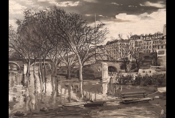 ''Péniche en Ville''. 47x62cm. Un pastel fascinant de Jean-Pierre VIGOUROUX. L'artiste entraîne le spectateur dans un figuratif inattendu où l'attention visuelle reconstitue l'oeuvre. Lauréat du Palmarès Art du Pastel 2025