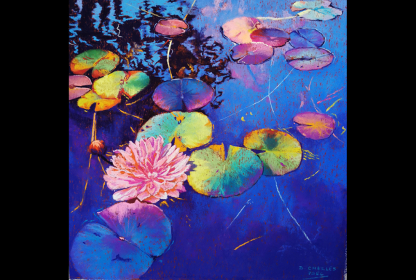 ''C'est la Fête au Bassin'' Pastel sec 58x58cm sur papier Arspectrum Terracotta, de Brigitte CHARLES. Une œuvre issue de son thème des ''Nénuphars''. L'artiste réussit à concilier intensité et douceur, créant la beauté d'un véritable rêve éveillé