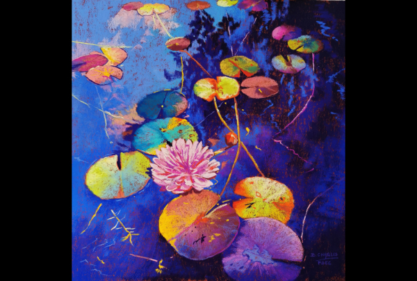 Dans ''Ode à Saraswati'' Pastel sec, 58x58cm Brigitte CHARLES par la puissance de ses couleurs sait faire restituer aux pigments leur plénitude de luminosité. Ses atmosphères, de beauté et de paix, portent à une sérénité intérieure. 