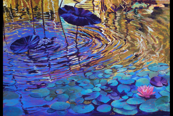 ''Féérie'', pastel sec, 58x68cm, Brigitte CHARLES, son oeuvre exprime toute la délicatesse du frissonnement de la Nature dans les ondulations subtiles de l'eau. L'artiste a su saisir un moment inattendu, le peindre en un étonnant tourbillon de coloris.  