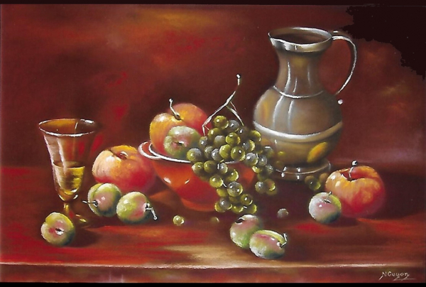 ''Étain et Fruits de Saison'' Pastel sec sur mi-teintes canson 33x51cm.Nicole GUYON, dans un style académique abouti perpétue la grande tradition du Pastel et des Natures-mortes. Lauréate du Palmarès Trophée Art du Pastel 2025