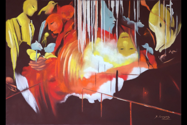 ''Quand jaillit la Lumière du Néant'' Pastel sec 50x60cm. Nicole GUYON parvient à créer une esthétique surréaliste d'une grande intensité avec une montée en puissance des couleurs inédite. Une inspiration née des grottes de Vallorbe en Suisse. 