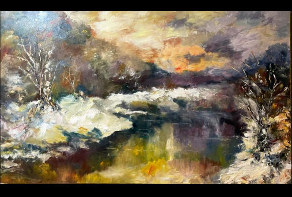 ''Sérénité'' Huile sur toile. 146X90cm Michel SKUPIEN, peint le paysage tel qu'il le vit. Il est en immersion dans la nature et fait corps avec elle. Ses œuvres sont un morceau d'âme du paysage qu'il apporte sous les yeux du spectateur.